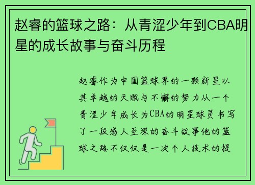 赵睿的篮球之路：从青涩少年到CBA明星的成长故事与奋斗历程